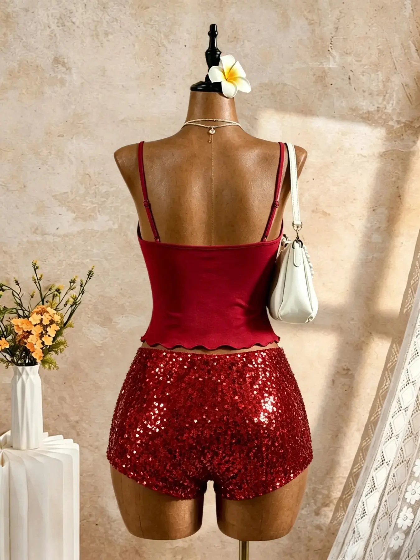 Vintage Ruched Tie Front Sleeveless Tank Top, Sparkly Sequin Shorts Set, Two-Piece Casual Nightclub Party Outfit, Stylish Evening Wear Ensemble