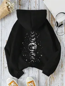 Oversize Star & Moon Print Casual Hooded Long Sleeve Sweatshirt Graduation,Back To School Outfits,Graduation,Teacher Outfits For Women,Back To School Pullover Fall Outfit