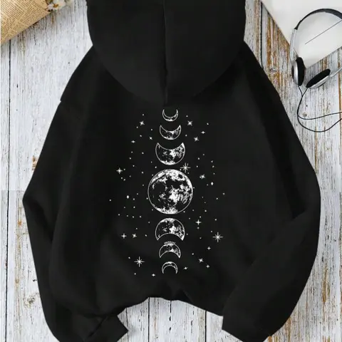 Women's Unisex Oversize Star & Moon Print Cotton Hooded Sweatshirt - Relaxed Fit, Breathable Fabric, Fall Casual Pullover, Bold Fashion, Casual Ootd, Outfit Inspiration, Ideal for Graduation & Back To School, Graphic Hoodies, Back To School Haul