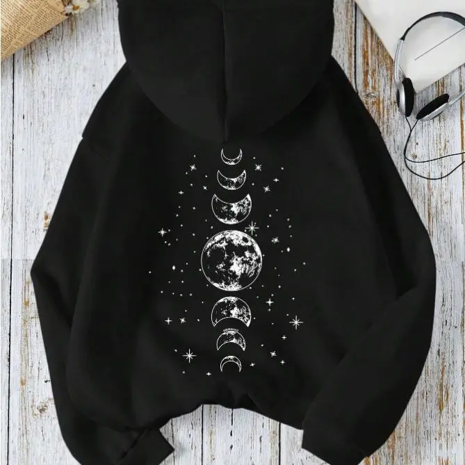 Women's Unisex Oversize Star & Moon Print Cotton Hooded Sweatshirt - Relaxed Fit, Breathable Fabric, Fall Casual Pullover, Bold Fashion, Casual Ootd, Outfit Inspiration, Ideal for Graduation & Back To School, Graphic Hoodies, Back To School Haul