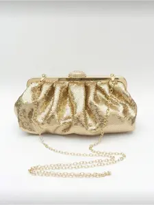 Solid Color Fish Scale Sequins Pleated Clutch Bag,Hardware With Rhinestones Shiny Crossbody Purse for Women