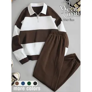 Women's Fall Winter Colorblock Polo Collar Sweatshirt Set, Long Sleeve Top & Pants, Casual Fashion Tk Hot Item