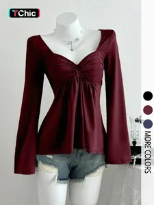 Women's casual V-neck long-sleeved Fitted T-shirt with knotted front, a versatile new style, suitable for casual and formal office commuting occasions, Top