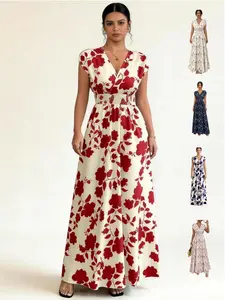 Women's V Neck Short Sleeve Floral Print Maxi Dress Smocked High Waist Flowy Casual Long Dress For Summer Beach