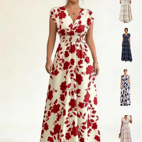 Women's V Neck Short Sleeve Floral Print Maxi Dress Smocked High Waist Flowy Casual Long Dress For Summer Beach