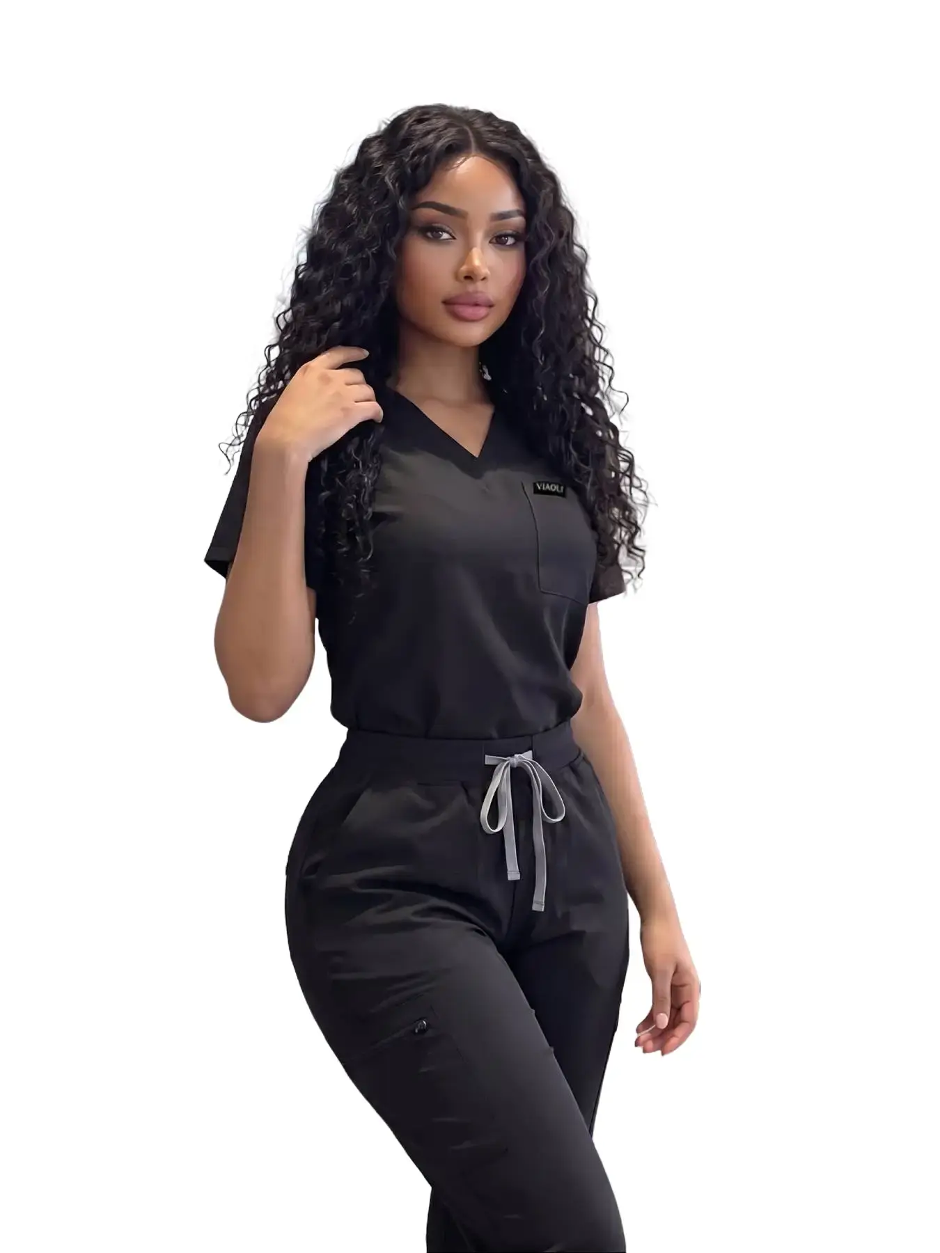 Women’s Scrub Set with Jogger Pants: Soft and breathable fabric, divided pockets with zipper, stretch opaque design, multiple colors available, work uniform suitable for dental clinics and many other scenarios.