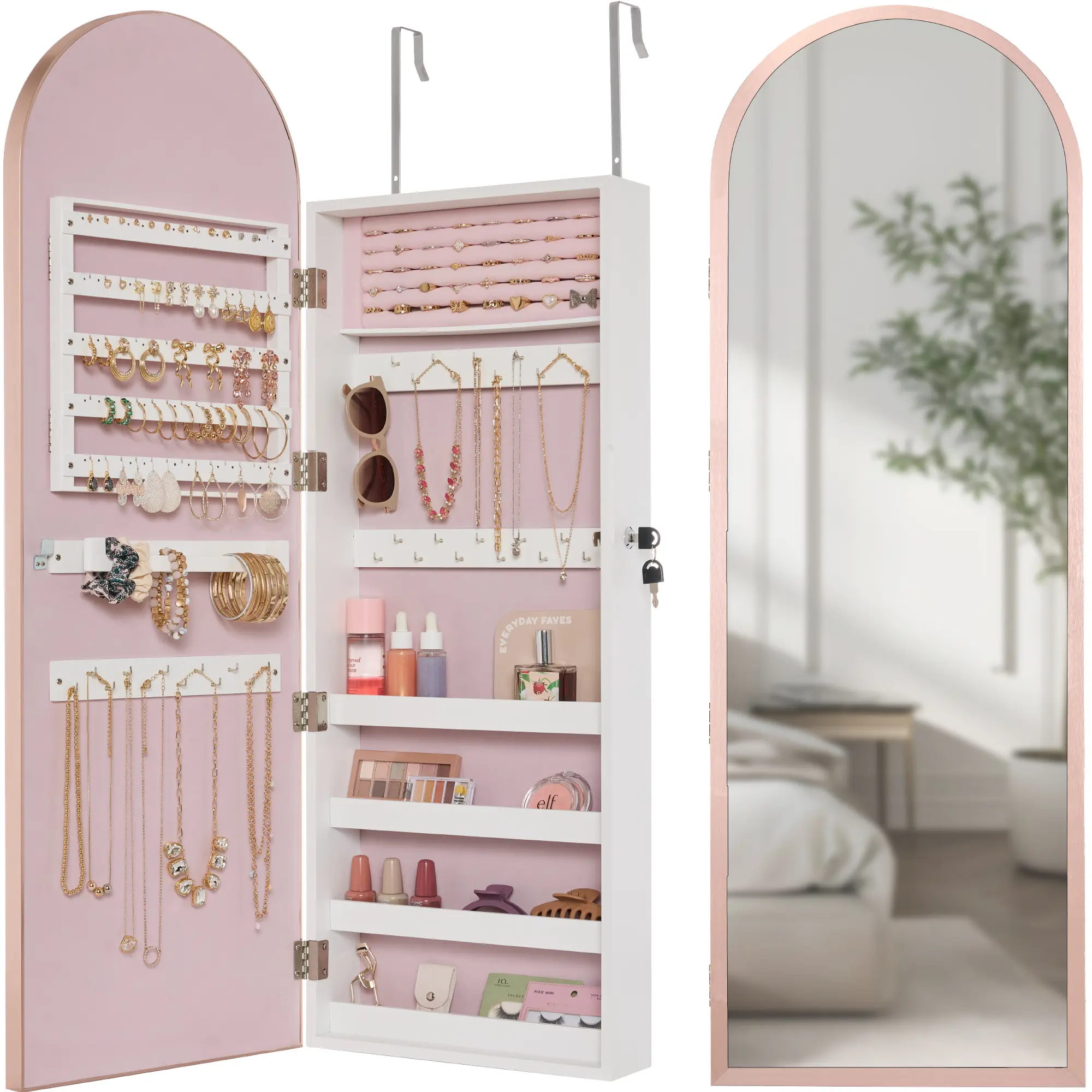 Best Choice Products Door/Wall Mounted Arch Mirror Jewelry Armoire, w/ Metal Frame, Lockable Door