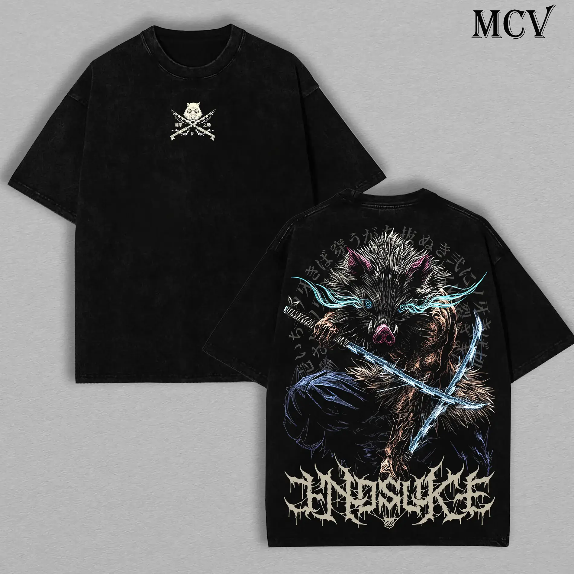 Demon Slayer Inosuke Hashibira Tanjiro Kamado Graphic T-Shirt - Men's Retro Vintage Washed Heavyweight Cotton Baggy Breathable Short-Sleeve Unisex Print Streetwear Tee, Gift for Anime Fans, Shortsleeve, Menswear, Loose, Classic, Tshirt, Oversize