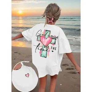 Christian "God Is Always Good" Cross & Letter Print T-Shirt, Casual Short Sleeve Crew Neck Faith Apparel, Summer White