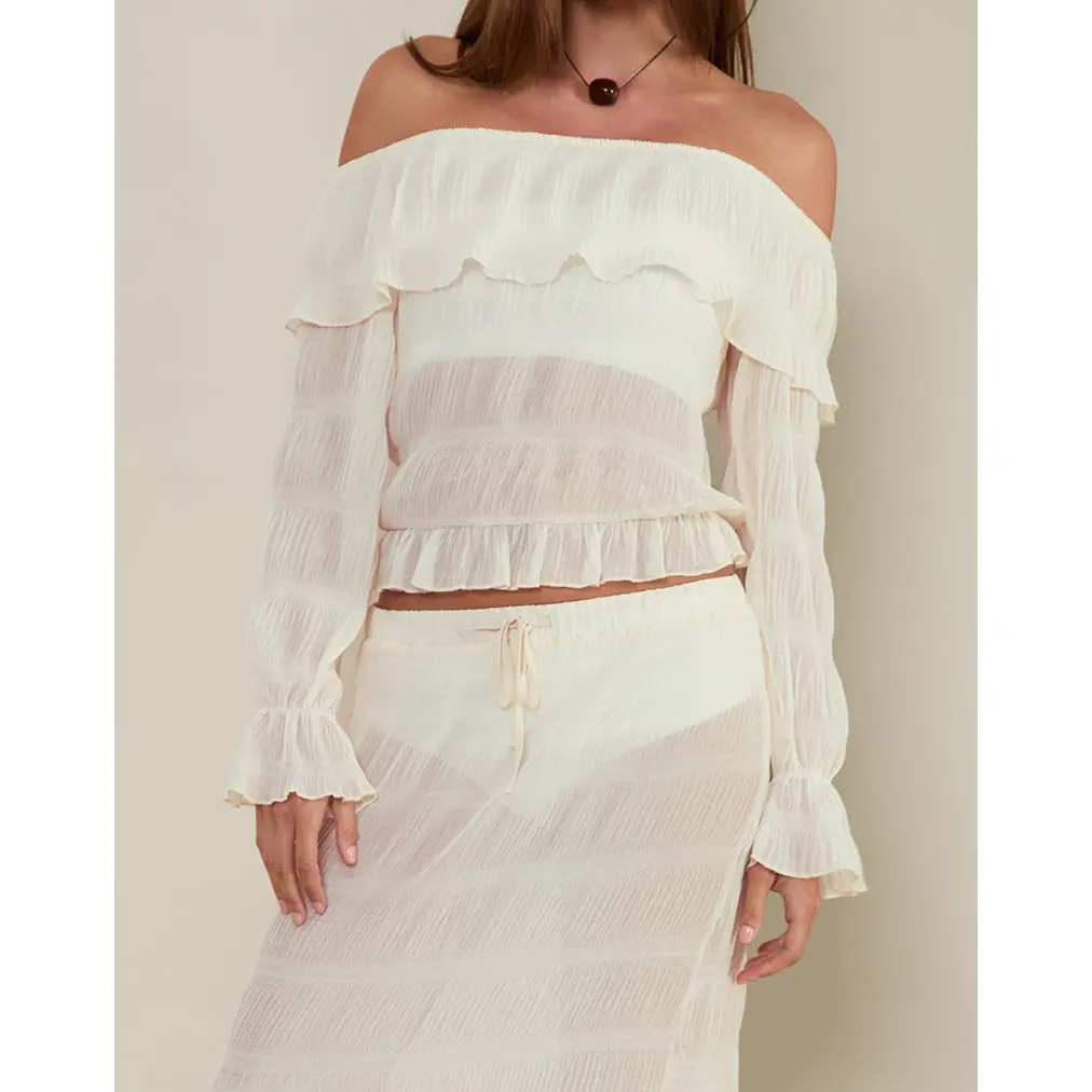 Kalena Long Sleeve Bardot Top in Chiffon Plisse Ivory