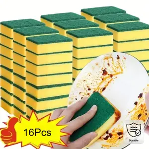 16 Heavy-Duty Non-Stick Kitchen Sponges - Oil-Resistant, Durable, Multi-Purpose Cleaning Pads with Serrated Edges, Available in Green/Yellow/Black, Suitable for Pots, Pans, Dishes, Countertops - Individually Packaged (Commercial Use)