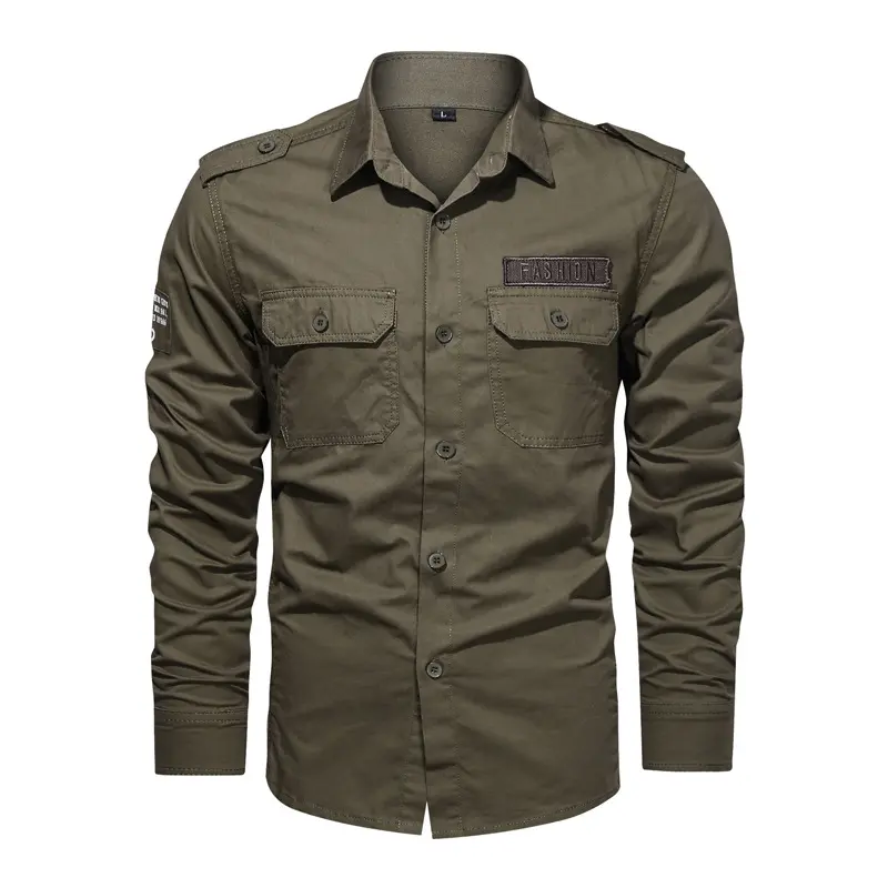 Menswear Long-Sleeve Cotton Top, High-Quality Casual Solid Military Overshirt, Brand Black Cargo Shirt for Men, Longsleeves, Casual Wear, Military Look, Clothes