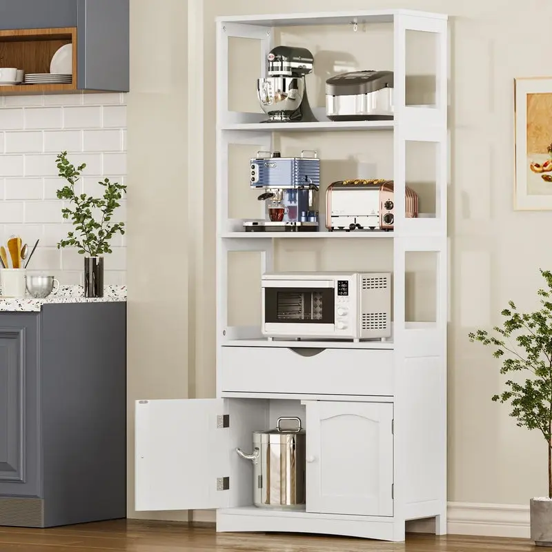 Sikaic 64 Inches Freestanding Storage Cabinet Furniture with Shelves and Drawer White Kitchen Buffet Sideboard Floor Cupboard Summerwins