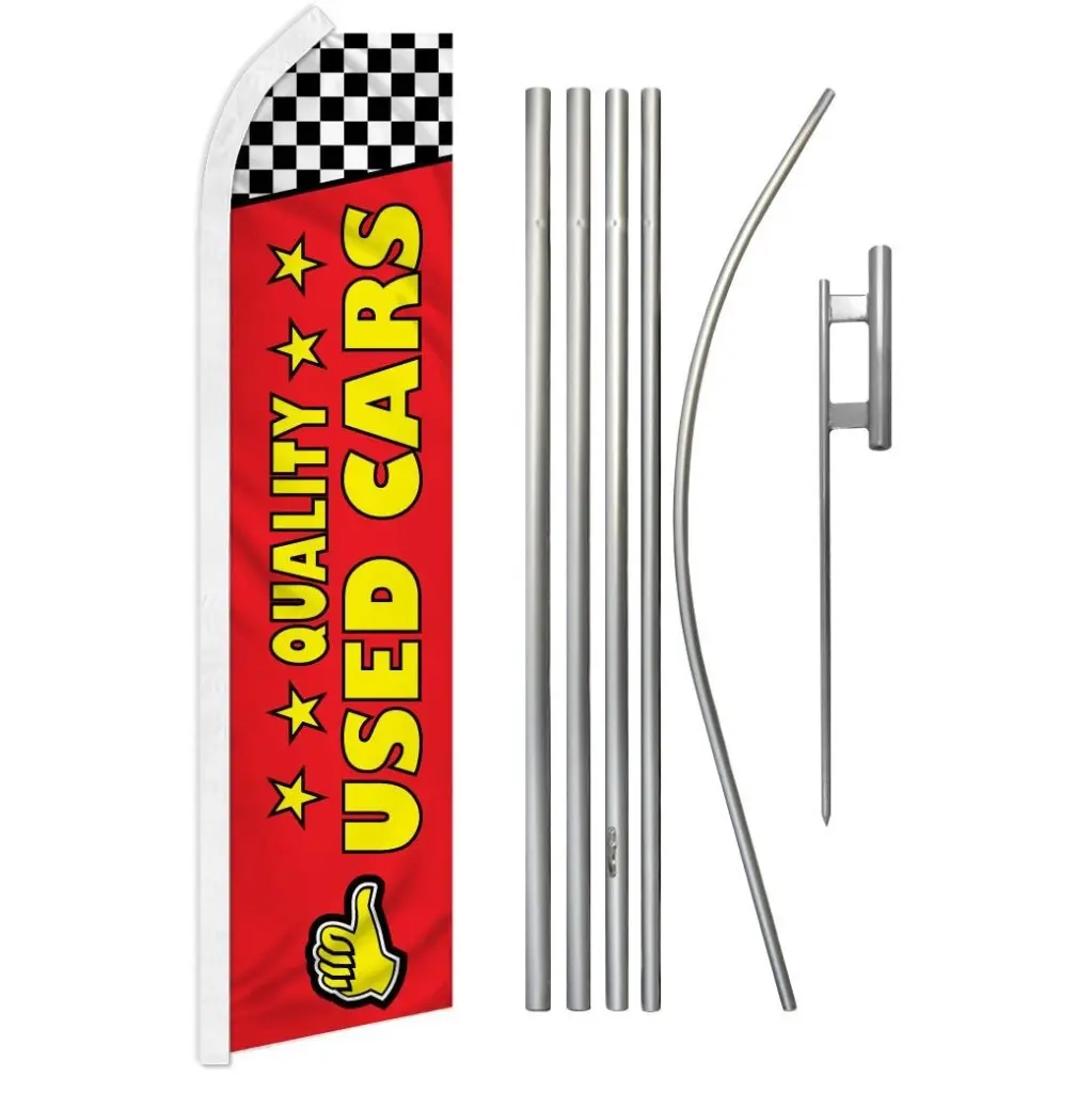 16 ft High-Quality Red Polyester Advertising Banner & Flag Kit with Steel-Aluminum Pole, Curved Sleeve, Ground Spike, Easily Assembled for High Winds (Festive Home Backdrop Supply)