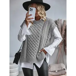 Women’s plain twisted knit sweater vest, casual sleeveless round-neck jumper vest for daily wear, ladies’ knitwear for all seasons, tops