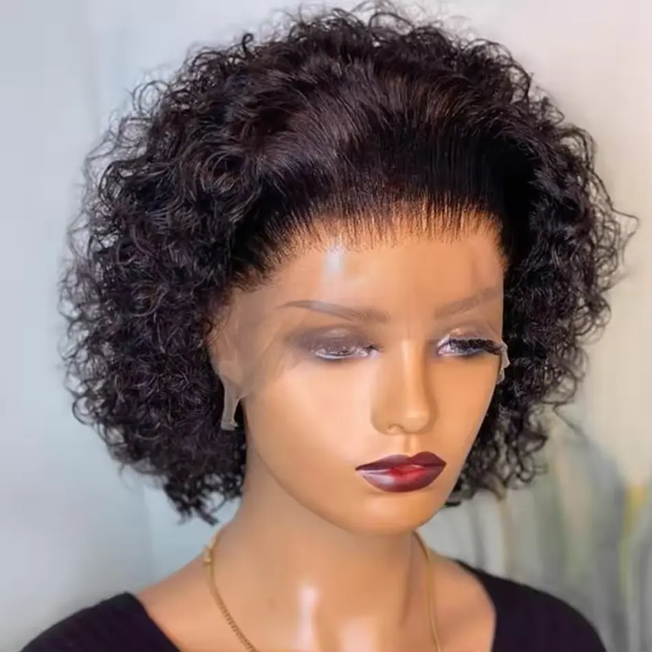 MYLOCKME 13X1 Pixie Cut Wig Natural Colored Transparent Lace Wig Spring curl Short Bob Human Hair Wig For Women Cheap Pixie Curly Wig