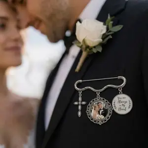 Personalized Wedding Memorial Photo Pin for Groom, Bridal Bouquet Charm, You Are Always In My Heart Brooch, Angel Cross Wedding Memory Charm Gift