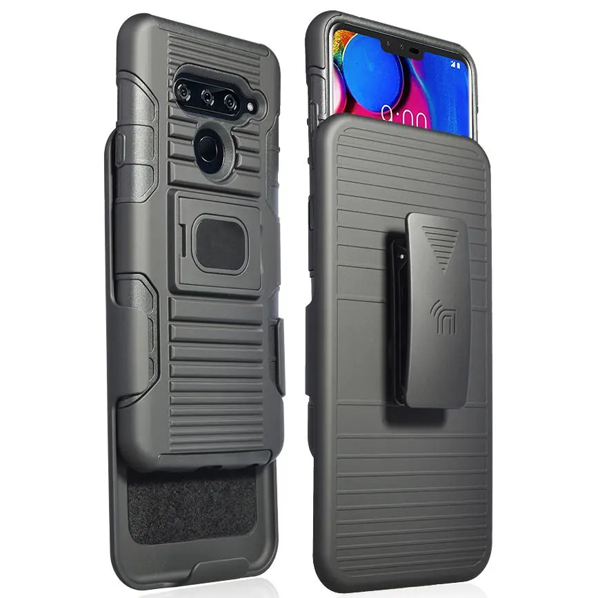 Case with Clip for LG V40, Nakedcellphone Black Ring Grip Cover + Belt Hip Holster Stand [with Built-In Mounting Plate] for LG V40 ThinQ Phone (V405QA7, LM-V405UA, V405TAB)