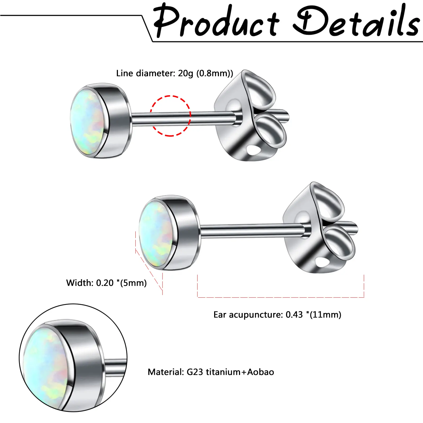 OIDEA G23 Titanium Imitation Opal Ear Stud Earrings, Hypoallergenic Non Tarnish Tarnish Free Helix Piercing Studs for Women with Sensitive Ears, Non Tarnish Earrings