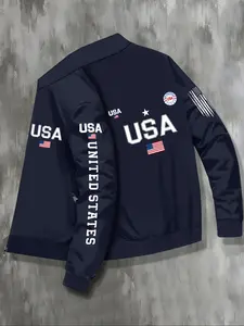 Men's Fall Winter Casual Stand Collar Letter Flag Pattern Printed Jacket, Business Outdoor Sports Coat, Zipper Closure Design, Zippered Jacket, Casual Fitted Jacket, Streamline Performance Jacket