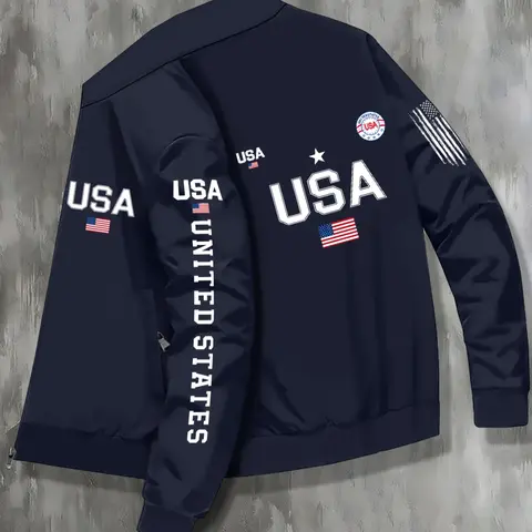 Men's Casual Stand Collar Letter Flag Pattern Printed Jacket, Zipper Closure, Business Outdoor Sports Fitted Coat for Fall & Winter, Fashionable Jacket, Casual Jackets