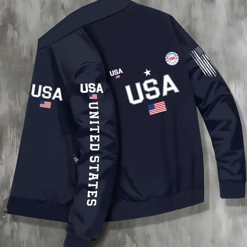 Men's Casual Stand Collar Letter Flag Pattern Printed Jacket, Zipper Closure, Business Outdoor Sports Fitted Coat for Fall & Winter, Fashionable Jacket, Casual Jackets