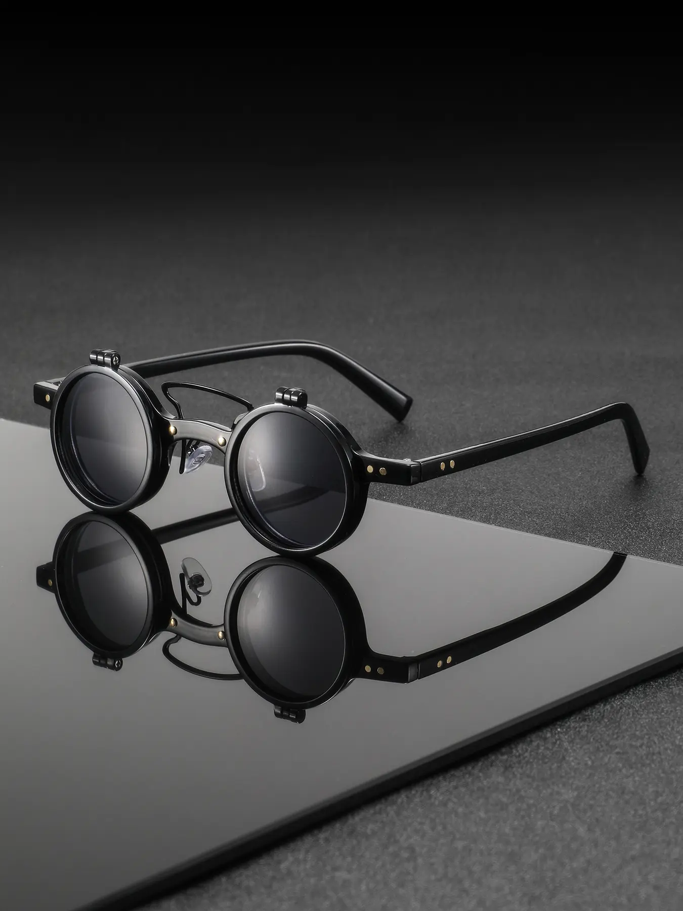 New Classic Retro Small Round Frame Punk Dual Layer Flip Cover Sunglasses, High-End Unisex Motorcycle Trendy Fashion Glasses, Stylish Glasses, Classic Shades, Circle Round Sunnies