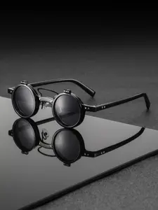 New Classic Retro Small Round Frame Punk Dual Layer Flip Cover Sunglasses, High-End Unisex Motorcycle Trendy Fashion Glasses, Stylish Glasses