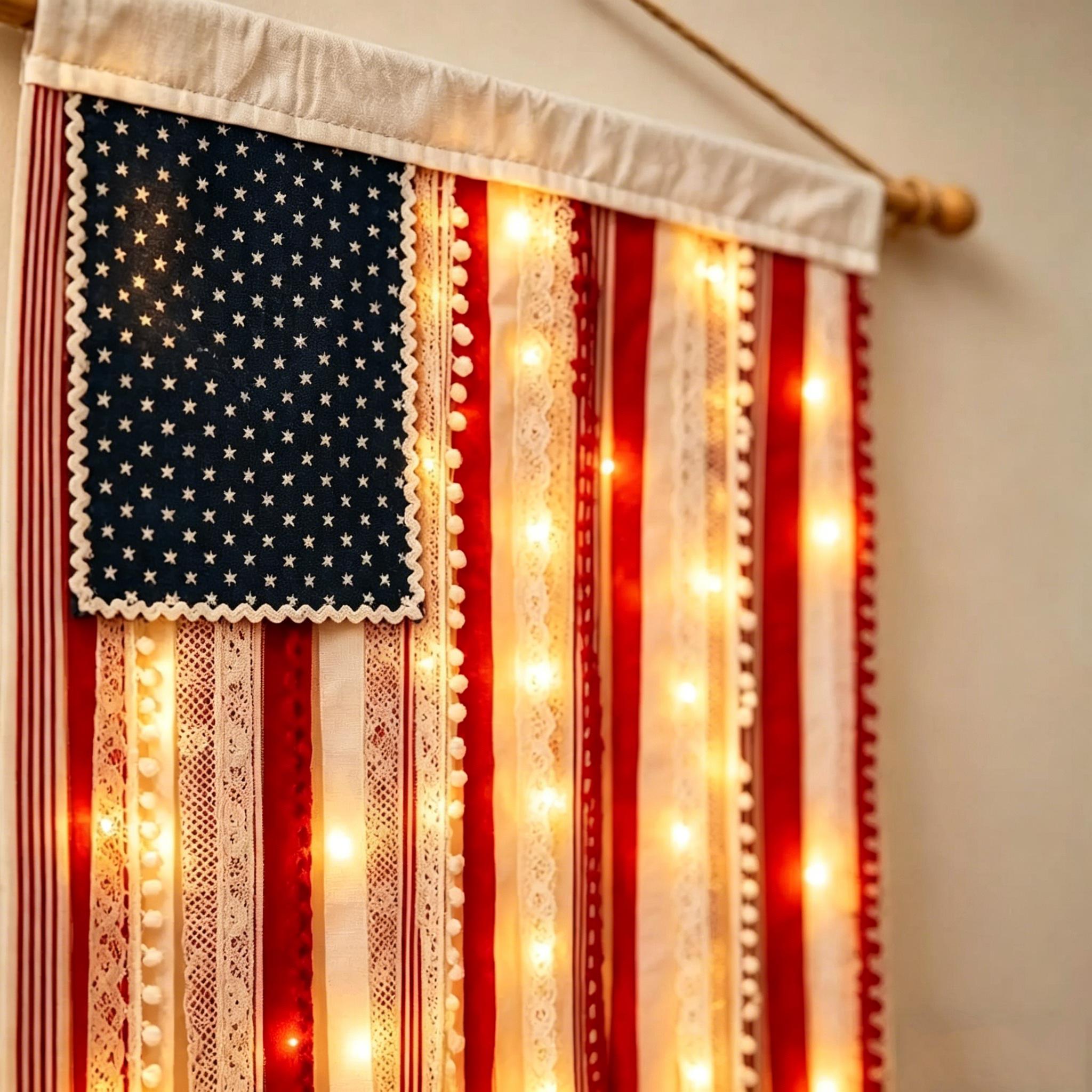 Lighted American Rag Flag Banner With LED Fairy Lights, 4x2.3 Ft Rustic Patriotic Tassel Garland For 4th Of July Decoration, Aesthetic Americana Wall Hanging For Porch Yard Party, Independence Day Celebration Home Decor 250th Anniversary Lighted American Rag Flag Banner With LED Fairy Lights, 4x2.3 Ft Rustic Patriotic Tassel Garland For 4th Of July Decoration, Aesthetic Americana Wall Hanging For Porch Yard Party, Independence Day Celebration Home Decor 250th Anniversary