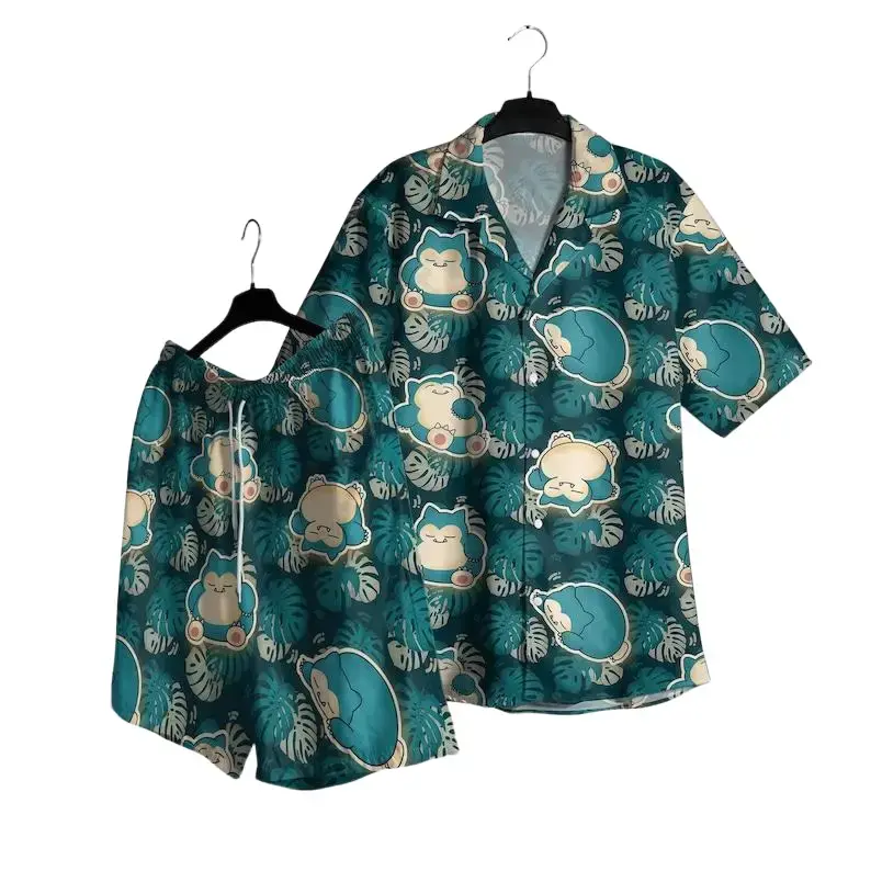 Snorelax PKM Hawaii Set Hawaiian Shirt, Hawaiian Short - For All Ages Palm Tree Anime Manga Shirt Video Game Gifts Summer Beach Tropical Floral Aloha