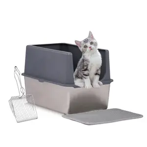 XXL Stainless Steel Cat Litter Box with Lid,60*40*41CM Extra Large Litter Pan with High Sides, Easy Cleaning, Include Double Layer Litter Mat and Scoop, Gray Drawer Anti-Splash cat litter box