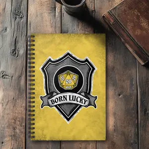 D20 Spiral Notebook Yellow "Born Lucky" - Hand-Drawn Shield and Dice Design, 118 Ruled Pages