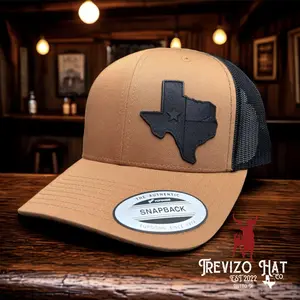 Black on Caramel/Black Texas State with Flag Leather Patch Snapback Yupoong Hat Baseball Cap