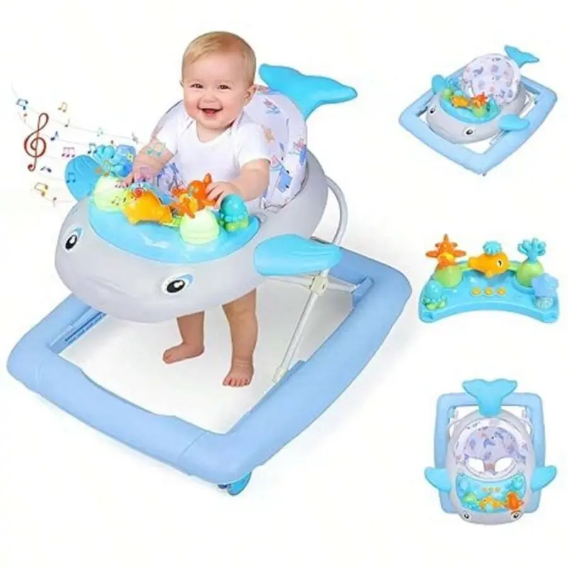 Ride-On Baby Walkers & Activity Center for 6-18 Months Infants, 3 Adjustable Heights, Anti-Rollover Base, Foldable Design, Music & Lights, Blue