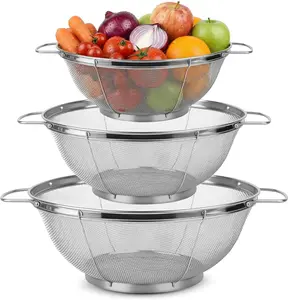 3 Pack Stainless Steel Colander, Colander with Handles & Resting Base, Mesh Strainers and Colanders for Kitchen, Dishwasher Safe