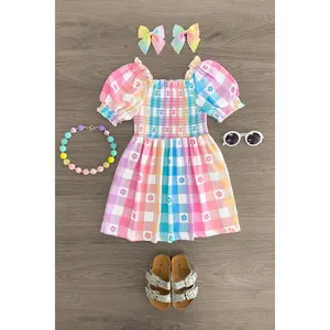 Pastel Rainbow Gingham Flower Dress