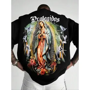 Men's Letter & Guadalupe Print Round Neck Graphic Tee, Loose Casual Short Sleeve T-shirt for Daily Wear, Men's Top for All Seasons good graphic tees