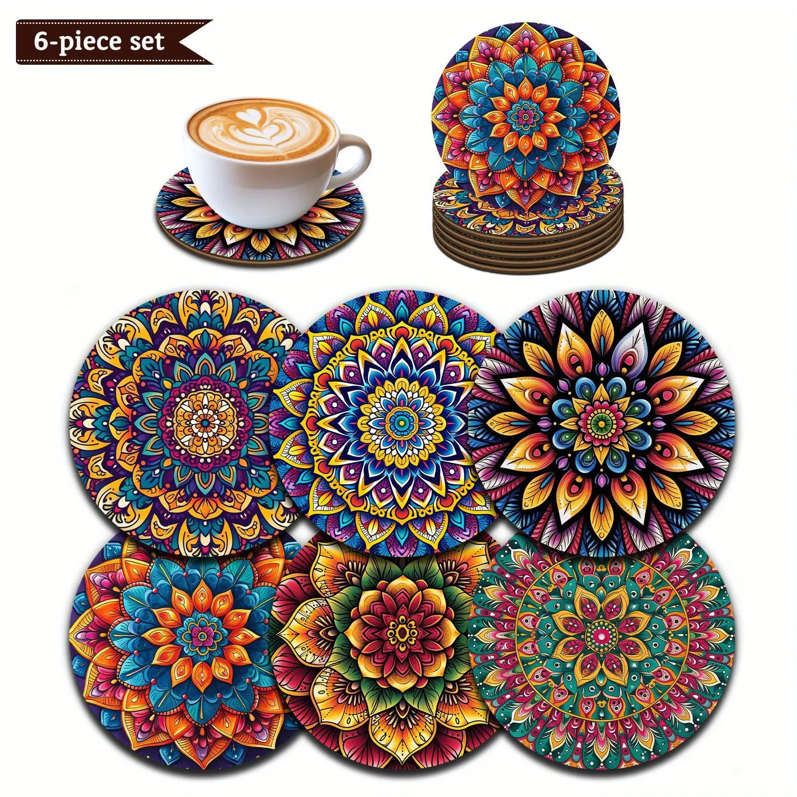 6pcs Mandala wooden coasters, Wood Coaster Set, Round Coaster, Coasters For Drinks, colorful pattern design, suitable for beverages, home and restaurant decoration, perfect holiday gift choice