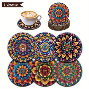 6pcs Mandala wooden coasters, Round Coaster, colorful pattern design, suitable for beverages, tea, coffee, home and restaurant decoration, perfect holiday gift choice wooden home decoration coasters
