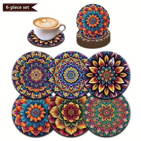 6pcs Mandala wooden coasters, Wood Coaster Set, Round Coaster, Coasters For Drinks, colorful pattern design, suitable for beverages, home and restaurant decoration, perfect holiday gift choice