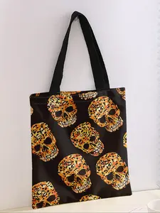 Skull Print Casual Storage Bag, Night Scene Design, Fashionable & Trendy, Perfect for Daily Shopping, Office Use, Halloween Theme