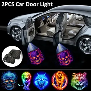 2PCS Wireless Car Door Welcome LED Light Lamp，Door welcome light，Projector Lamp，3D Blue Light Blue Wolf， Blue Skul, Color Lion, Color Tiger Head, Fire Lion,  Purple Skull Car Door Projector, Led Lights Car, Car Light Embellishments