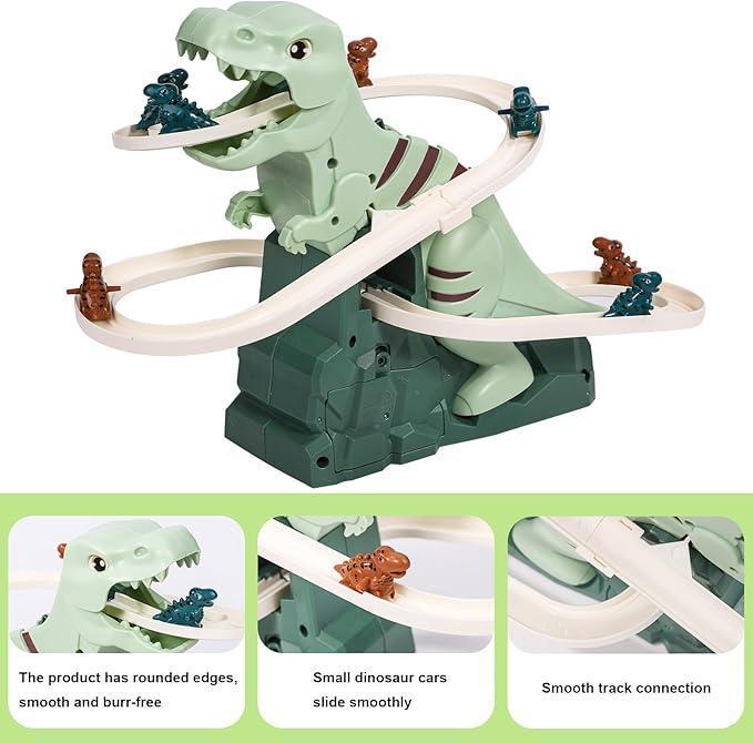 Dinosaur Stairs Climbing Toy  Electric Track, 6 Cars, Fun Gift for Kids & Boyfriend