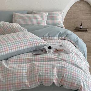 3-Piece Classic Plaid Bedding Set, Nordic Style Blue Checkered Coverlet with Pillowcases, Soft Breathable Fabric for Dorms & Bedrooms