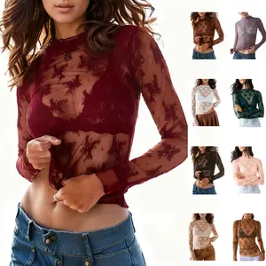Mundoven Sheer Mesh Long Sleeve Layering Top for Women Mock Neck Floral Lace Tshirt See Through Tee Shirt Blouse