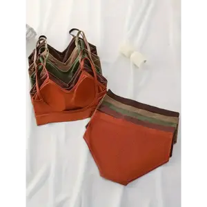 5 Sets Solid Ribbed Camisole Bra & Panties - Simple Lingerie Set - Women's Lingerie & Underwear Fabric Womenswear