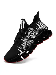Men's Punk Style Skull Print Lace Up Low Top Sneakers, Casual Comfortable Breathable Sports Running Shoes, Fashionable Sneakers for Daily Wear, Casual Running Footwear, Closed