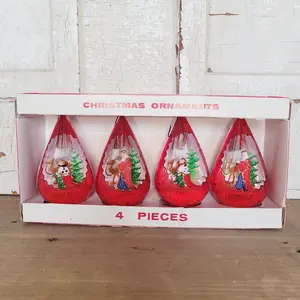 Vintage Jewel Brite Diorama Christmas Ornaments Red Teardrop Set of 4 with Box