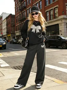 American Street Style 3D Bow Print Hoodie and Wide Leg Pants Set, Casual Youth Girls, Loose Fit, Fall & Winter