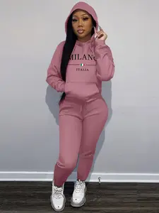 MILANO Letter print Women's Casual Loose-Fitting Graphic Sweatshirt Set, Milano Letter Print Round Neck Long Sleeve Top & Jogger Pants, Comfortable Daily Wear